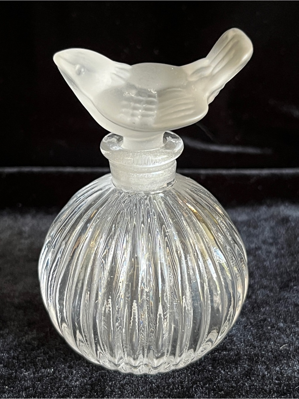 Vintage Sasaki Crystal Perfume Bottle with Frosted Glass Bird Stopper Flaw